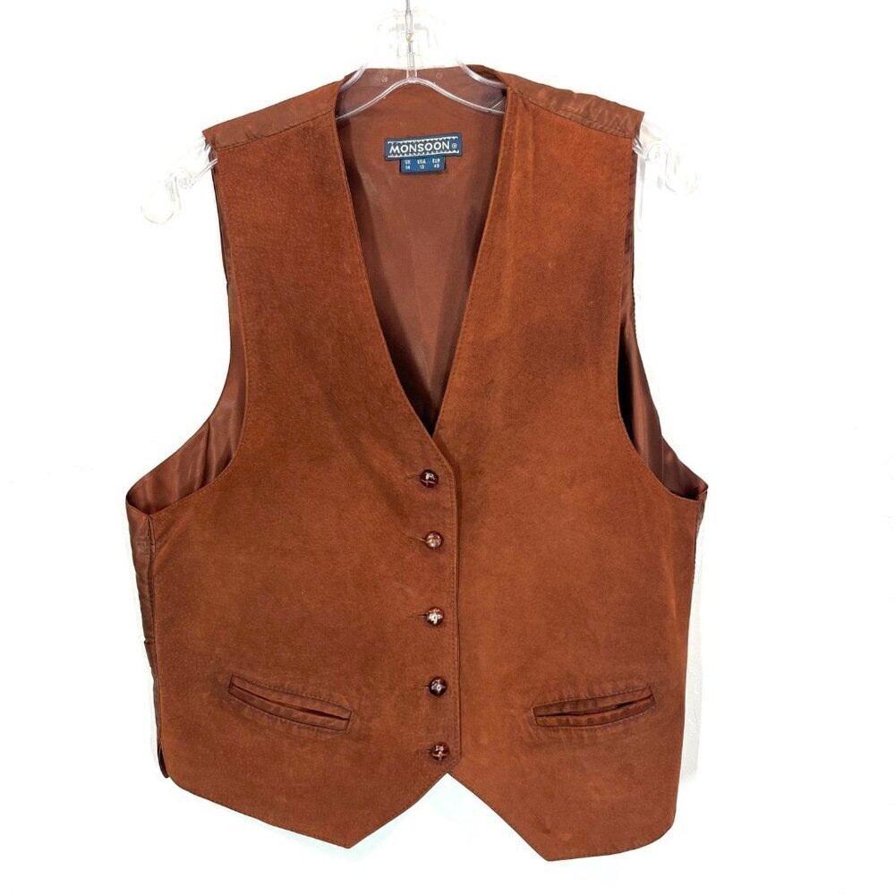 Monsoon Brown genuine Suede Button front vest Size 12 women unisex V-neck